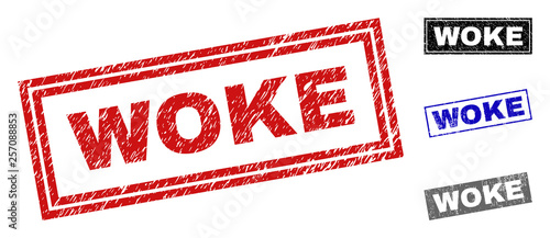 Grunge WOKE rectangle stamp seals isolated on a white background. Rectangular seals with distress texture in red, blue, black and grey colors.