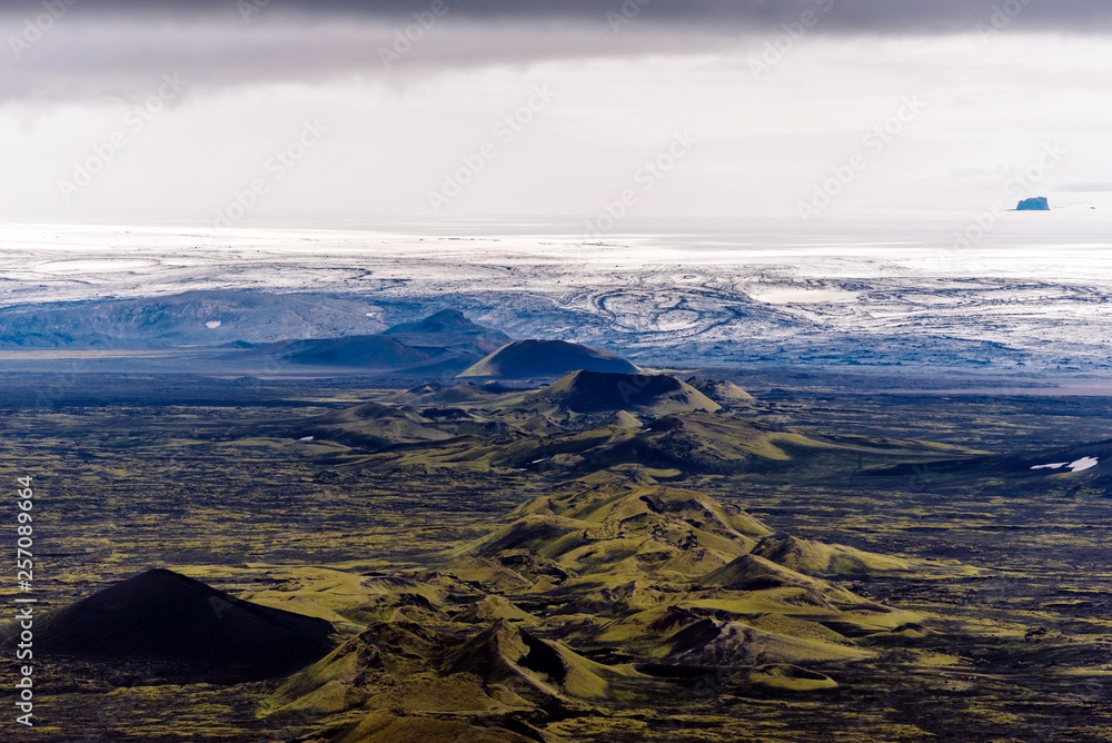 Northeastern part of Lakagigar volcanic fissure as seen from Laki volcano in the direction of Vatnajokull glassier in South of Iceland. 