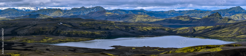 Panoramic view of Lambavatn lake in Lakagigar volcanic fissure area, Southern highlands of Iceland.