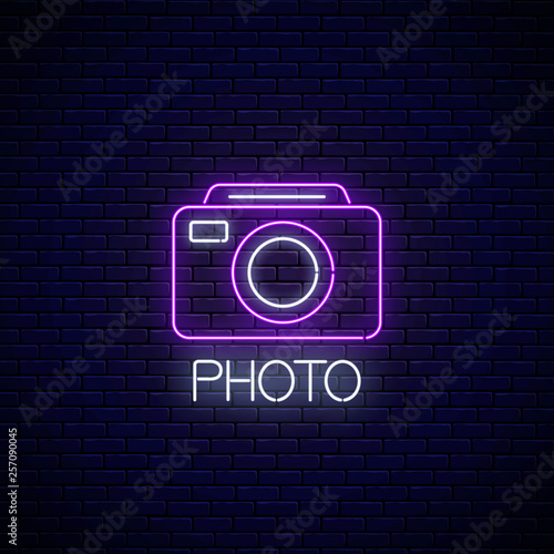 Neon sign of photo camera symbol with text. Photography camera sign. Photo logo.