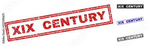 Grunge XIX CENTURY rectangle stamp seals isolated on a white background. Rectangular seals with distress texture in red, blue, black and gray colors.