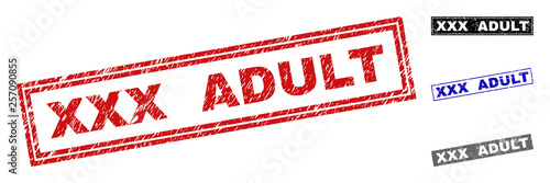 Grunge XXX ADULT rectangle stamp seals isolated on a white background. Rectangular seals with grunge texture in red, blue, black and grey colors.