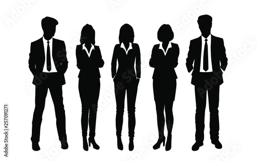 Set of business people, vector silhouettes, group men and women, black and white colors, isolated on white background