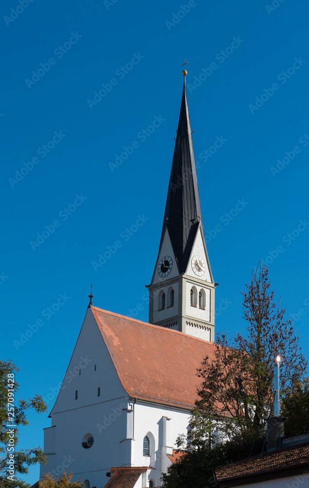 tower of church in Scheuring, along  Romantic Road, Germany