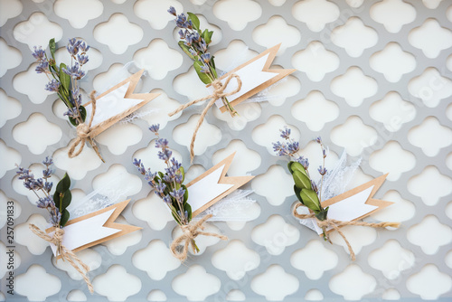 Bouquets with ribbons. loof through steel grating photo