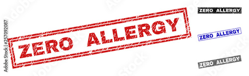Grunge ZERO ALLERGY rectangle stamp seals isolated on a white background. Rectangular seals with grunge texture in red, blue, black and grey colors.
