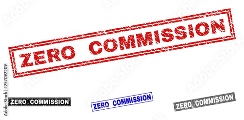 Grunge ZERO COMMISSION rectangle stamp seals isolated on a white background. Rectangular seals with grunge texture in red, blue, black and grey colors.