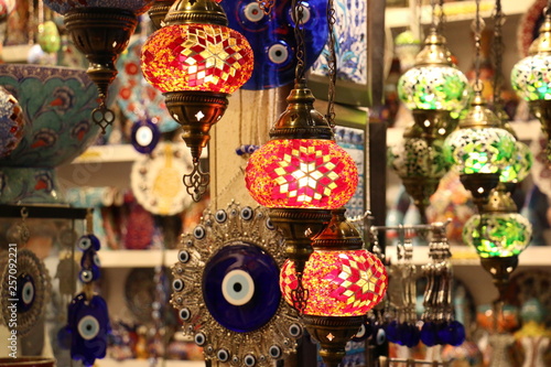 Traditional bright decorative hanging Turkish lamps and colourful lights with vivid colours  in the Istanbul Bazaar  Turkey