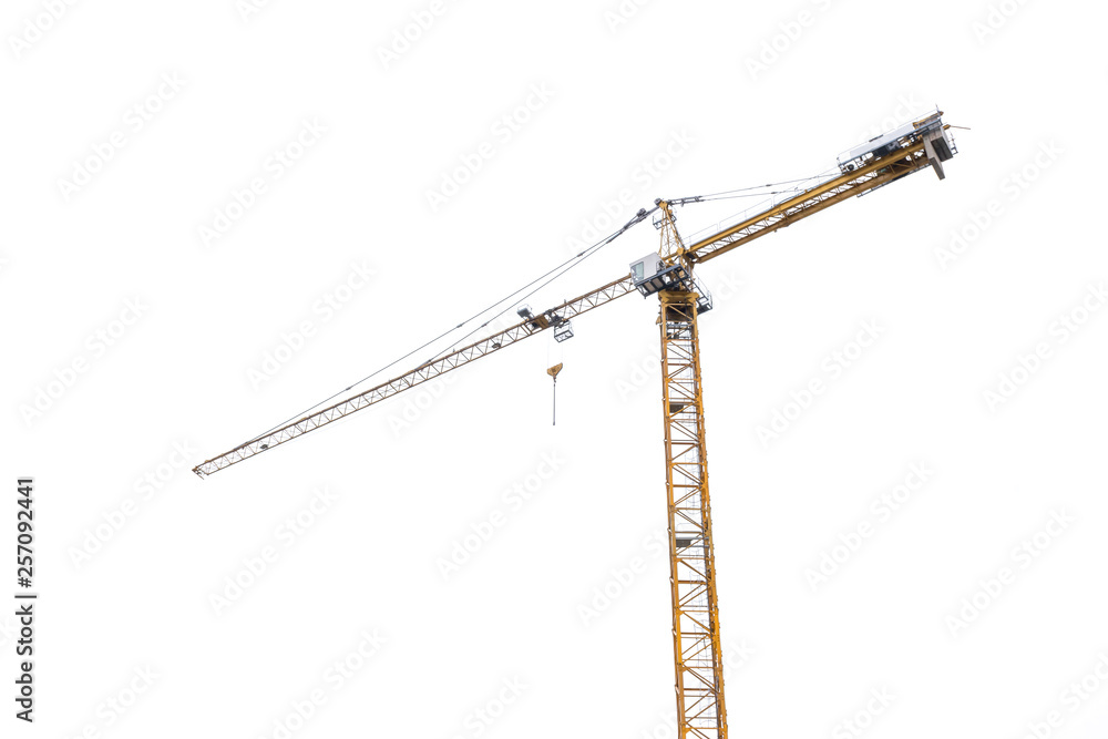 high-rise construction crane with a long arrow of yellow color on a white background high-rise construction crane with a long arrow of yellow color on a white background