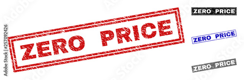 Grunge ZERO PRICE rectangle stamp seals isolated on a white background. Rectangular seals with grunge texture in red, blue, black and grey colors.