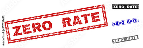 Grunge ZERO RATE rectangle watermarks isolated on a white background. Rectangular seals with grunge texture in red, blue, black and grey colors.