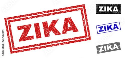 Grunge ZIKA rectangle stamp seals isolated on a white background. Rectangular seals with grunge texture in red, blue, black and grey colors.