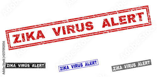 Grunge ZIKA VIRUS ALERT rectangle stamp seals isolated on a white background. Rectangular seals with distress texture in red, blue, black and grey colors.