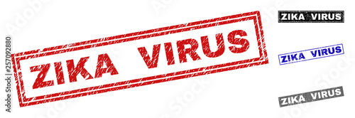 Grunge ZIKA VIRUS rectangle stamp seals isolated on a white background. Rectangular seals with grunge texture in red, blue, black and gray colors.