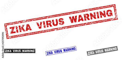 Grunge ZIKA VIRUS WARNING rectangle stamp seals isolated on a white background. Rectangular seals with grunge texture in red, blue, black and gray colors.