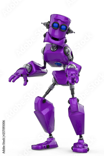 funny purple robot cartoon doing a monster pose in a white background