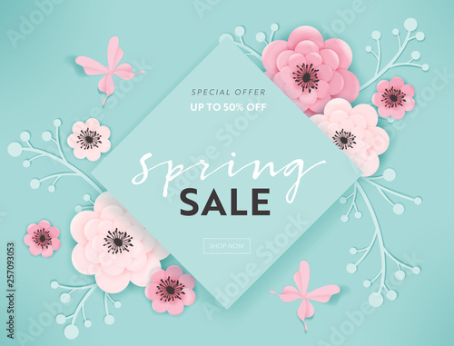Spring Sale Banner Background with Paper Cut Flowers and Floral Elements. Spring Discount Voucher Template, Brochure, Poster, Advertising Promotion. Vector illustration