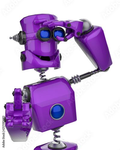 funny purple robot cartoon sees far away in a white background