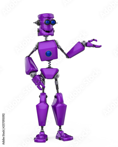 funny purple robot cartoon showing in a white background
