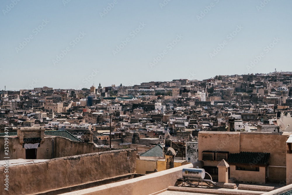 A panorama view of the old houses of the largest medina of Morocco in Fes.n Fes.