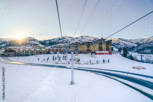 Picturesque ski resort in Park City Utah at sunset