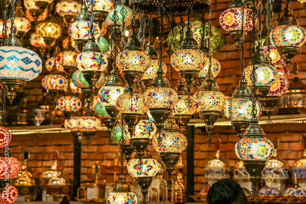 Traditional bright decorative hanging Turkish lamps and colourful lights with vivid colours  in the Istanbul Bazaar, Turkey