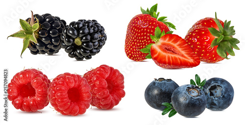 Collage of fresh berries isolated on white background with clipping path