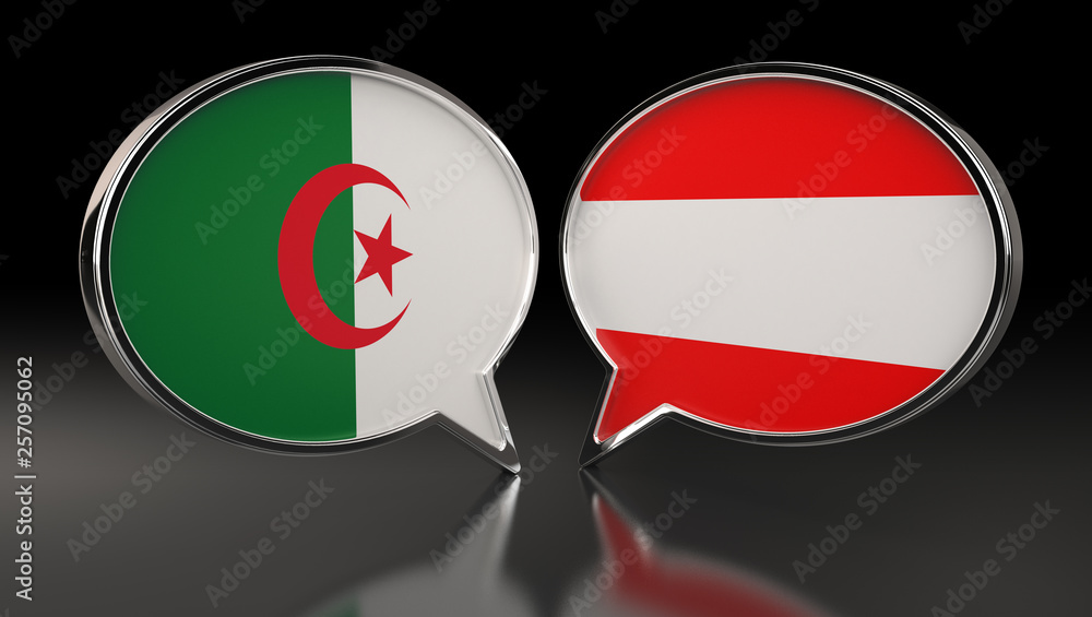 Algeria and Austria flags with Speech Bubbles. 3D Illustration Algeria and Austria flags with Speech Bubbles. 3D Illustration