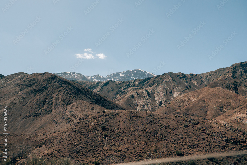The atlas mountains with snow on the summit in Morocco.