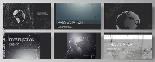 Vector layout of the presentation slides design business templates. Futuristic geometric design with world globe, connecting lines and dots. Global network connections, technology digital concept.