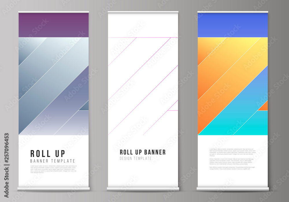 The vector illustration of the editable layout of roll up banner stands, vertical flyers, flags design business templates. Creative modern cover concept, colorful background.