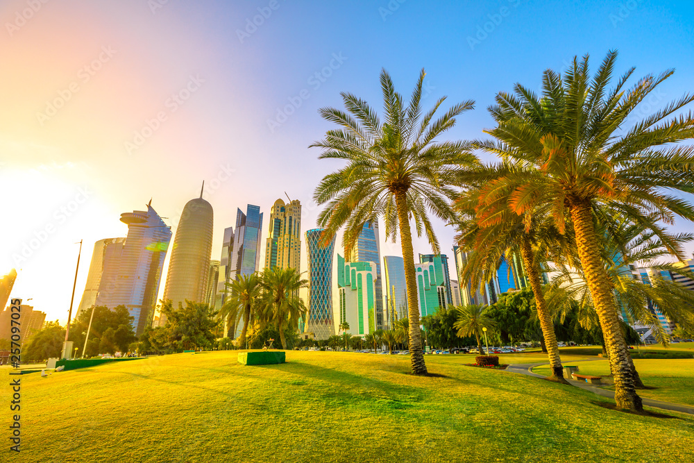 Palm trees in West Bay park along corniche promenade with glassed high rises at sunset on background. Doha skyline, Qatar, Middle East, Arabian Peninsula in Persian Gulf. Scenic urban cityscape.