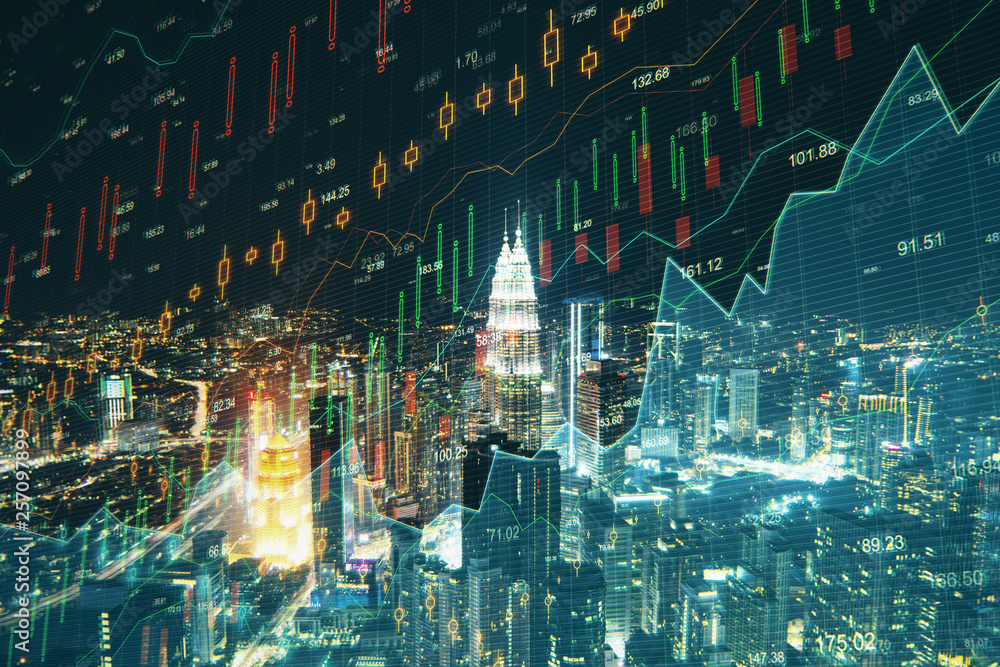 Obraz premium Night city background with forex chart