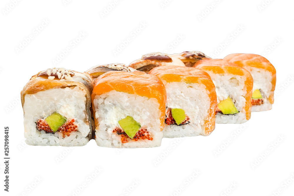 Philadelphia roll sushi with salmon, avocado, cream cheese, flying fish roe isolated on white background for menu. Japanese food Philadelphia roll sushi with salmon, avocado, cream cheese, flying fish roe isolated on white background for menu. Japanese food