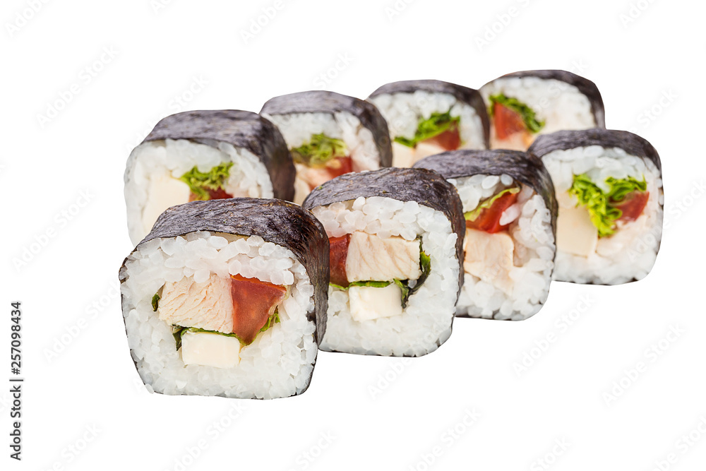 Classical roll sushi with lettuce, sweet pepper, cheese and chiken isolated on white background for menu. Japanese food Classical roll sushi with lettuce, sweet pepper, cheese and chiken isolated on white background for menu. Japanese food