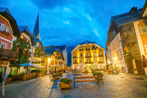 historic town square of Hallstatt at night in the Austrian Alps