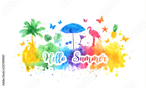 Hello summer bright rainbow banner, postcard. Watercolor splash background and summer silhouettes of palm tree, flamingo, sunglasses and tropical leaves. Vector illustration.
