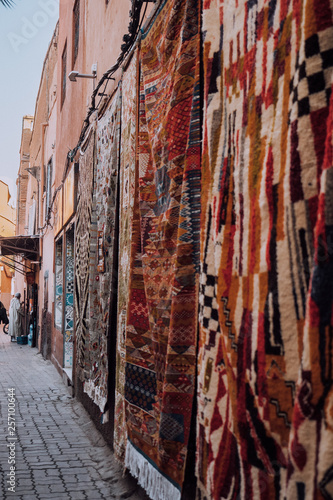 Colorful handmade oriental carpets in the famous city Marrakech.