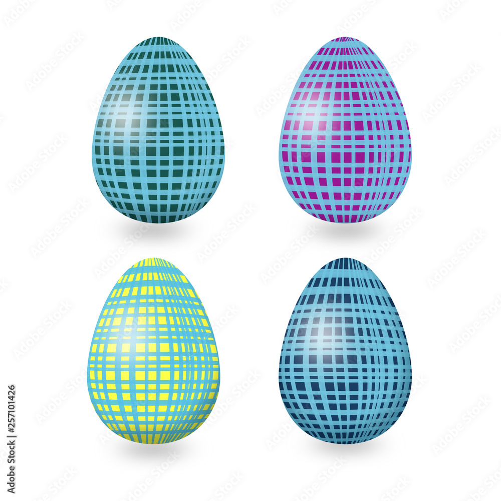 Set of Easter eggs with abstract geometric ornament with blue, purple, yellow,green lines on white background Set of Easter eggs with abstract geometric ornament with blue, purple, yellow,green lines on white background