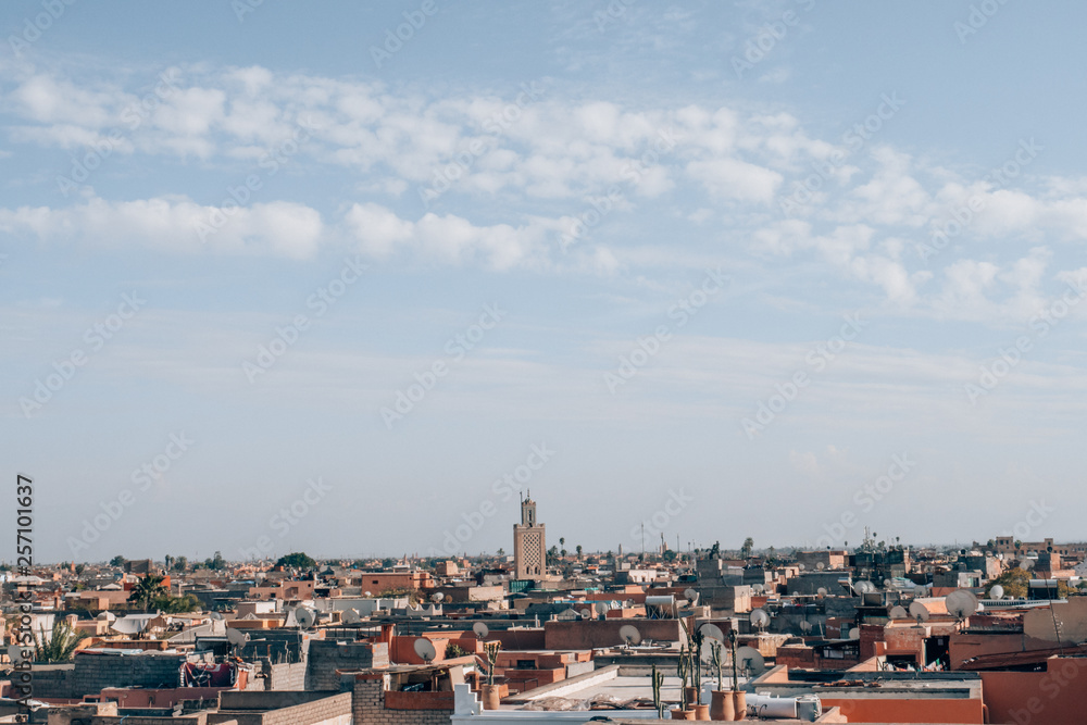 A beautiful view of Marrakech from a rooftop in the middle of the famous moroccan city.