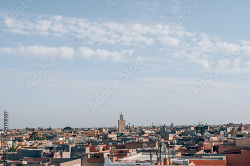 A beautiful view of Marrakech from a rooftop in the middle of the famous moroccan city.