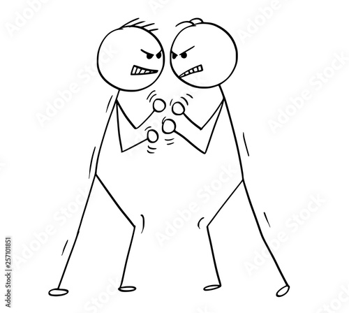 Cartoon stick figure drawing conceptual illustration of two men or businessmen fighting, boxing or brawling with fists ready to punch.