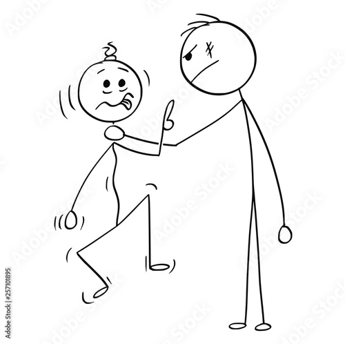 Cartoon stick figure drawing conceptual illustration of big and strong man holding smaller and weaker man's neck and strangling him and holding him in the air.