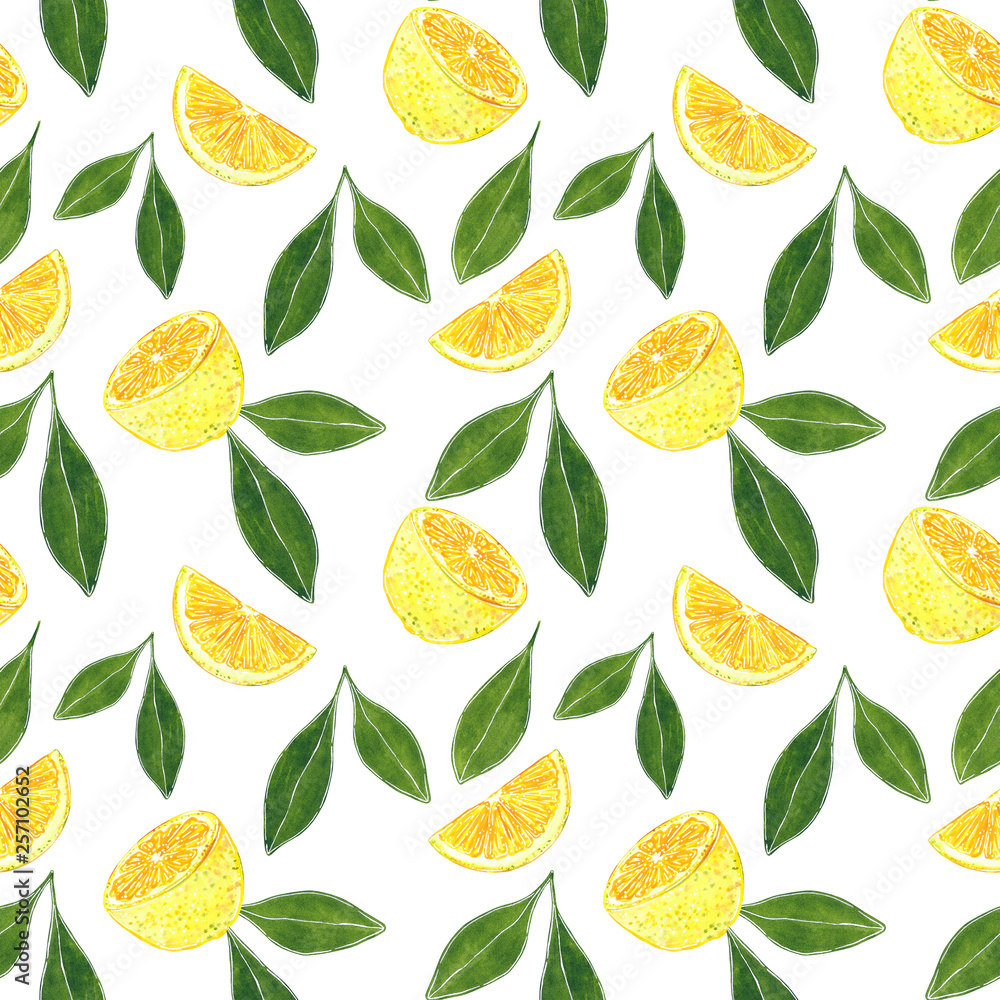 Citrus seamless pattern made of lemon and leaves, hand drawn botanical illustration isolated on white. Citrus seamless pattern made of lemon and leaves, hand drawn botanical illustration isolated on white.