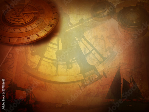 Steampunk compass paper sailboat ship, vintage canvas, old retro grunge background