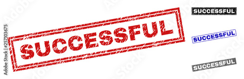 Grunge SUCCESSFUL rectangle stamp seals isolated on a white background. Rectangular seals with grunge texture in red, blue, black and gray colors.