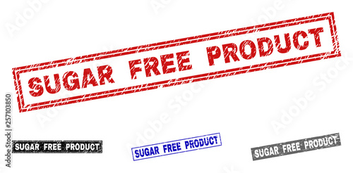 Grunge SUGAR FREE PRODUCT rectangle stamp seals isolated on a white background. Rectangular seals with grunge texture in red, blue, black and grey colors.