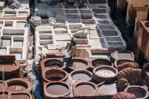 traditional tannery in the medina of fez, morocco