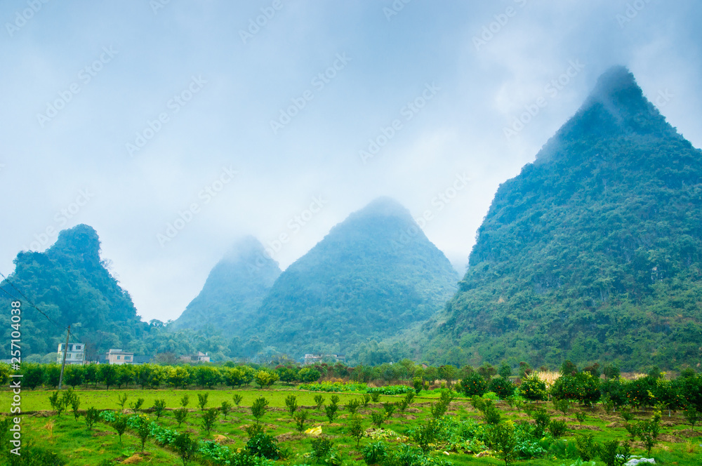 Mountain scenery in the mist