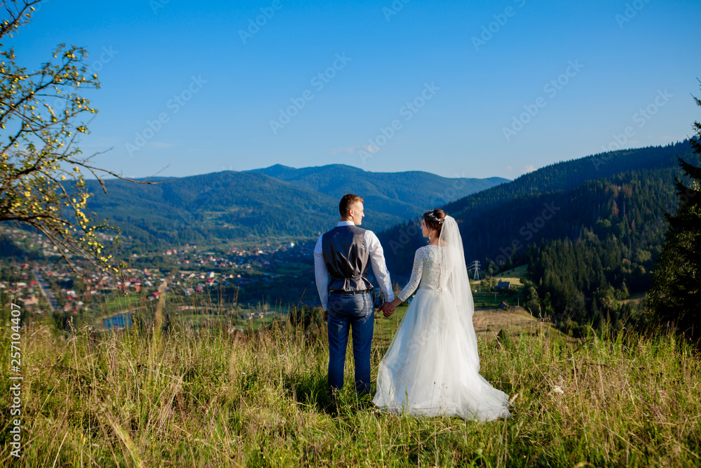 Newlyweds smile and hug each other among the meadow on top of the mountain. Wedding walk in the woods in the mountains, the gentle emotions of the couple, photo for Valentine's Day Newlyweds smile and hug each other among the meadow on top of the mountain. Wedding walk in the woods in the mountains, the gentle emotions of the couple, photo for Valentine's Day